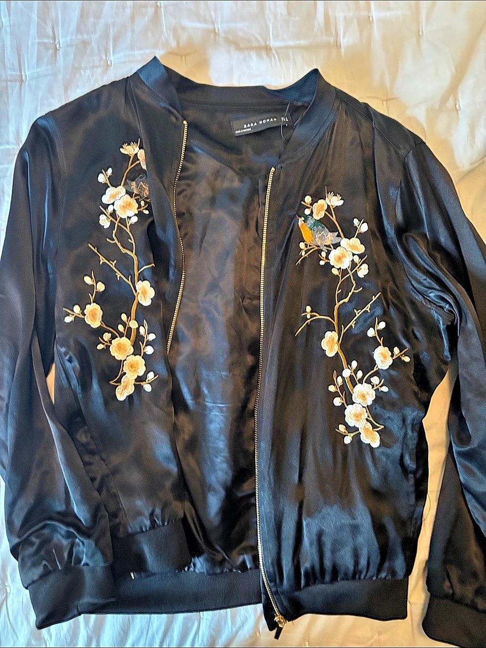 Zara Woman Satin Embroidered Birds & Cherry Blossom Bomber Jacket